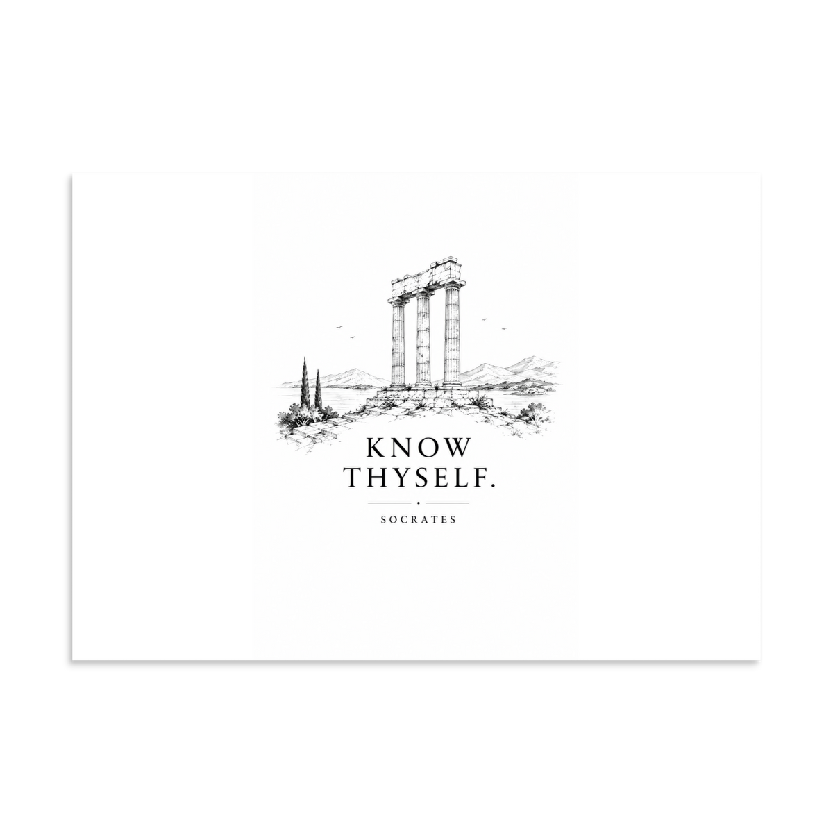 Poster featuring classical ruins and the Greek maxim “Know Thyself” in centered typography, 8.27″×11.69″ size.