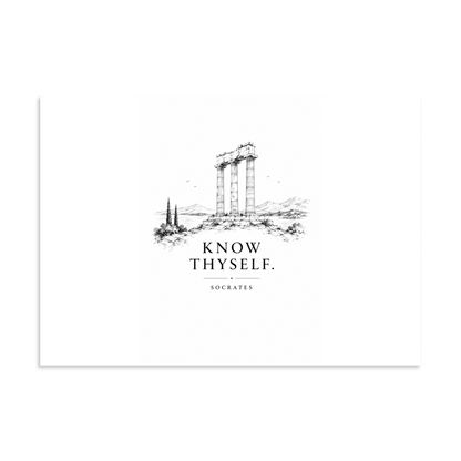 Poster featuring classical ruins and the Greek maxim “Know Thyself” in centered typography, 8.27″×11.69″ size.