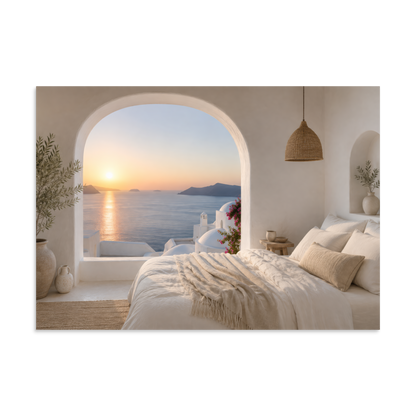 Illustrated Greek-island bedroom scene with whitewashed walls and sea-blue light, 8.27″×11.69″ size.