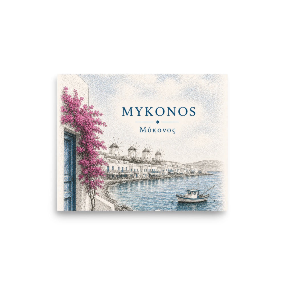 Hand-drawn sketch-style poster of Mykonos's whitewashed architecture, 8″×10″ size.