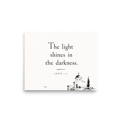 Scripture poster featuring John 1:5 and the theme of light overcoming darkness, 8″×10″ size.