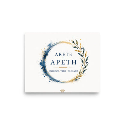 Minimalist poster featuring the Greek concept of arete (excellence and virtue), 8″×10″ size.