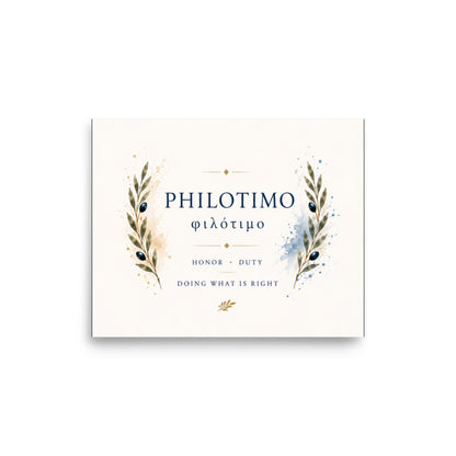 Poster featuring an artful design around the Greek concept of philotimo, 8″×10″ size.