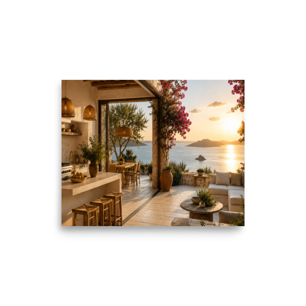 Illustrated poster of a Mediterranean kitchen inspired by the Ionian islands, 8″×10″ size.