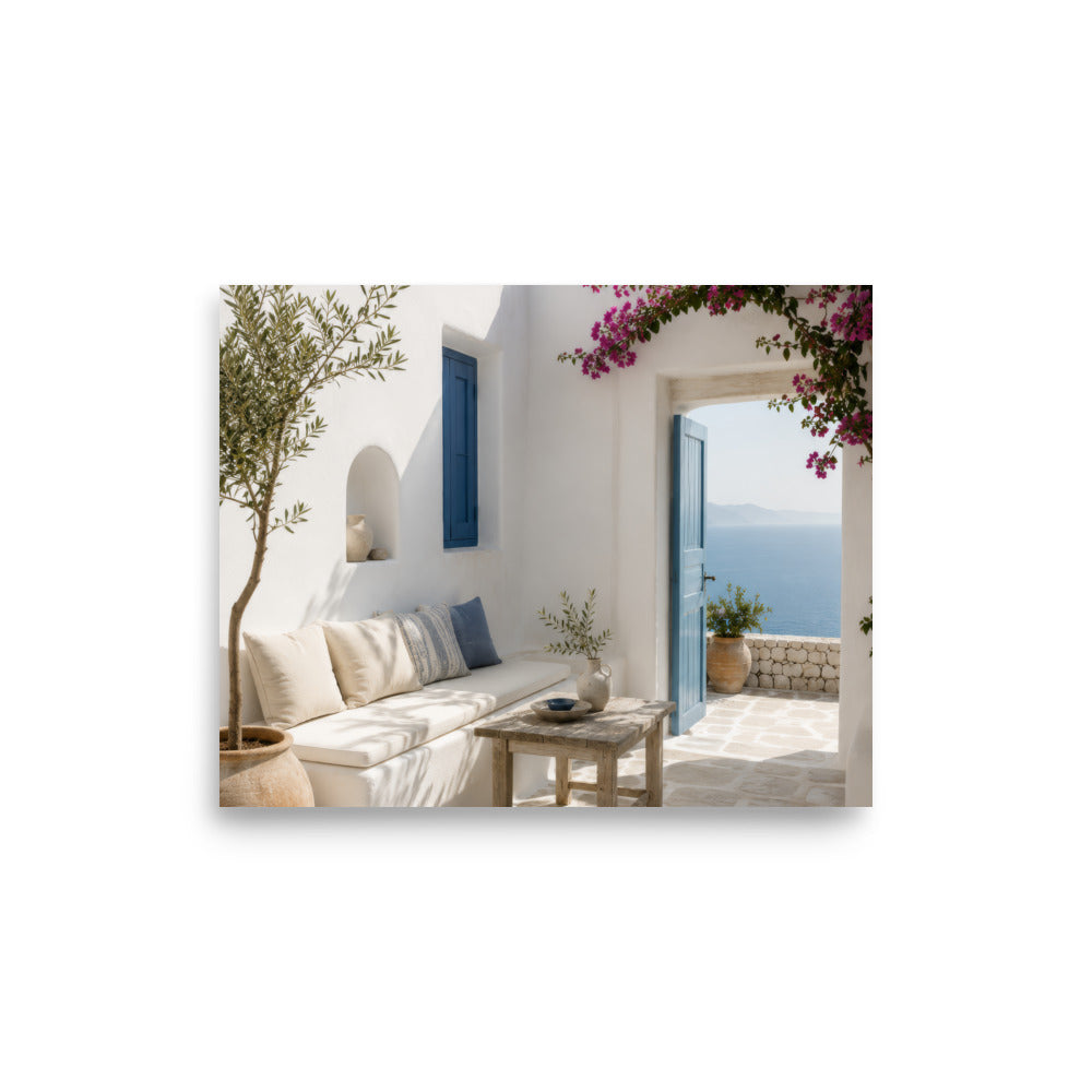 Illustrated Cycladic courtyard scene in white, blue, and stone tones, 8″×10″ size.