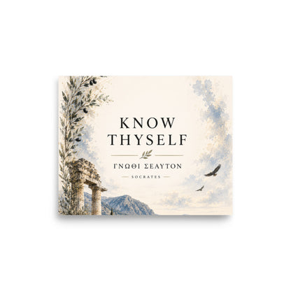 Poster featuring classical ruins and the Greek maxim “Know Thyself” in centered typography, 8″×10″ size.