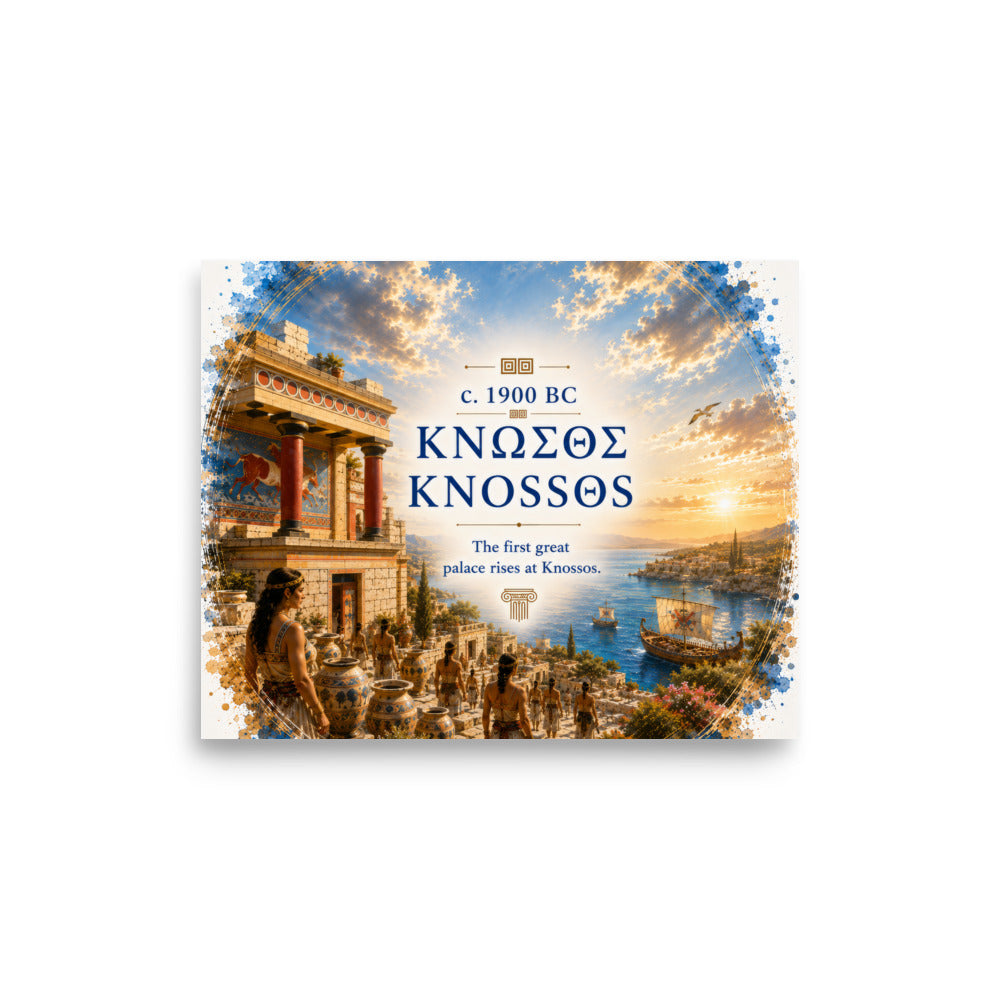 Illustrated poster interpreting ancient Knossos and Bronze Age Crete, 8″×10″ size.