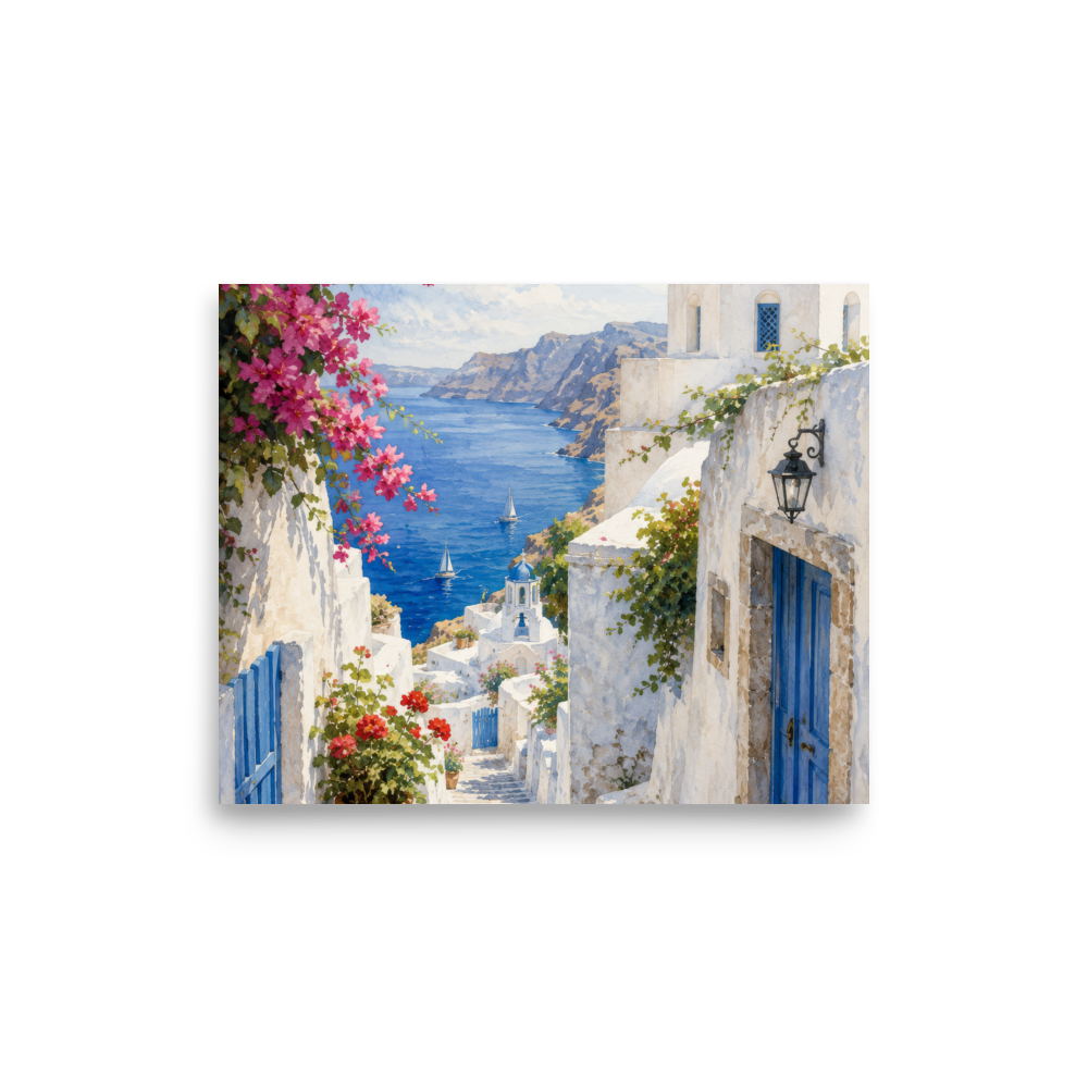 Illustrated poster of a Santorini courtyard scene, 8″×10″ size.