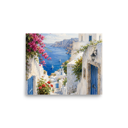 Illustrated poster of a Santorini courtyard scene, 8″×10″ size.