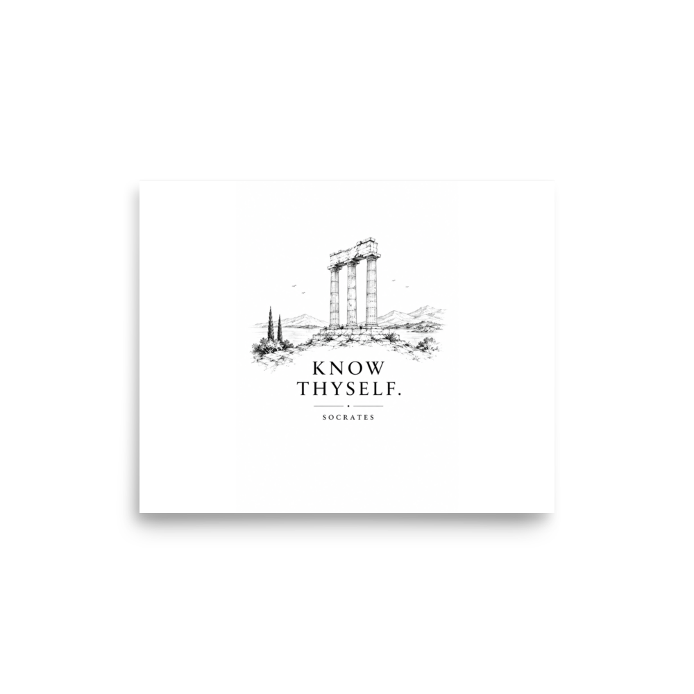Poster featuring classical ruins and the Greek maxim “Know Thyself” in centered typography.