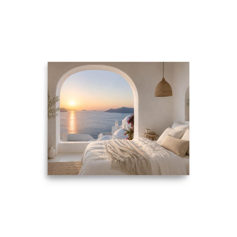 Illustrated Greek-island bedroom scene with whitewashed walls and sea-blue light, 8″×10″ size.