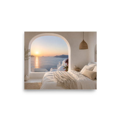 Illustrated Greek-island bedroom scene with whitewashed walls and sea-blue light, 8″×10″ size.