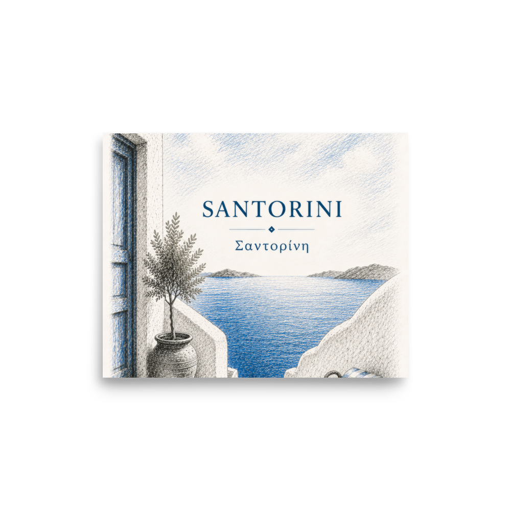 Hand-drawn sketch-style poster of Santorini's cliffside, whitewashed architecture, 8″×10″ size.