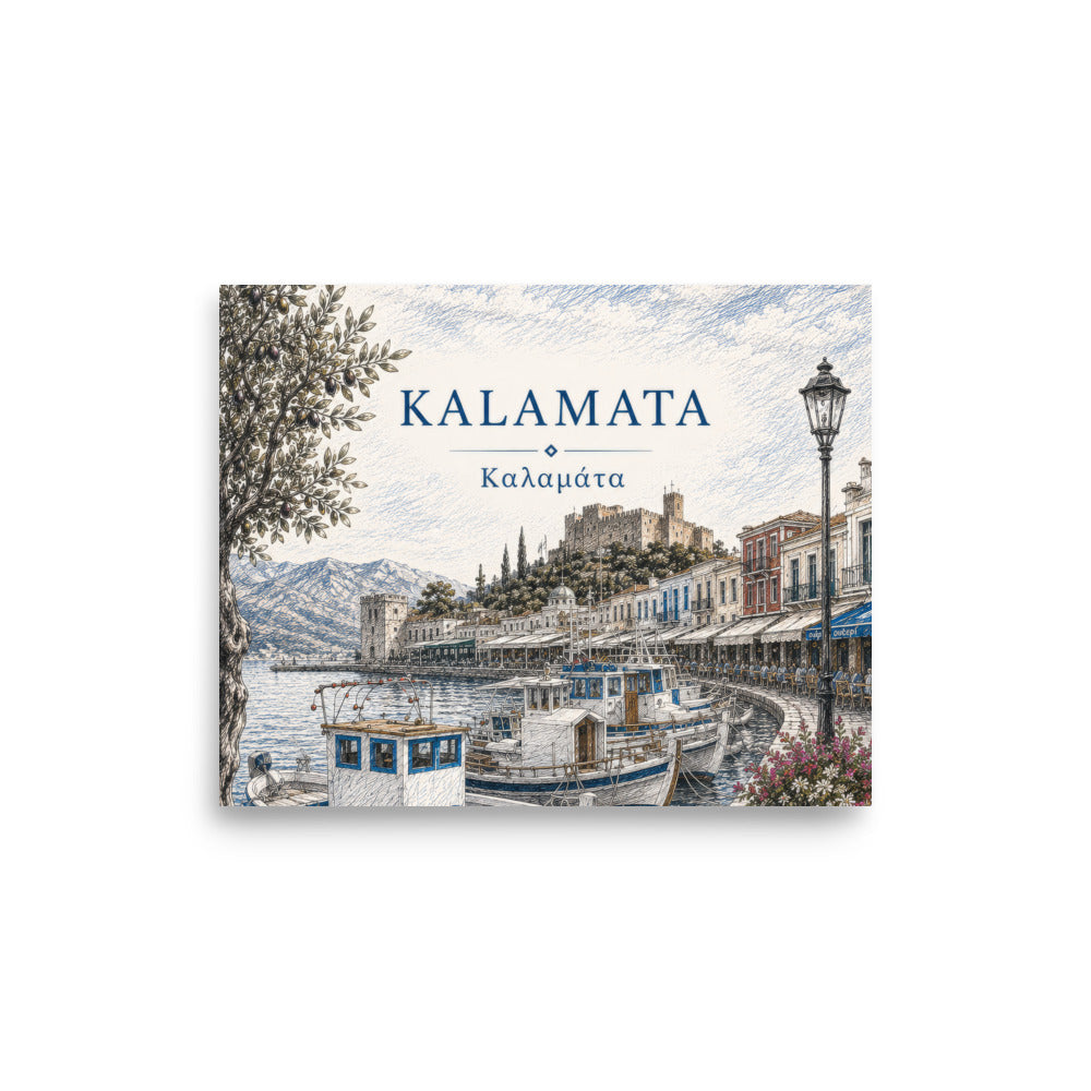 Illustrated Kalamata, Greece harbor scene with fishing boats, waterfront buildings, mountains, and an olive tree, titled “KALAMATA” and “Καλαμάτα”, 8″×10″ size.