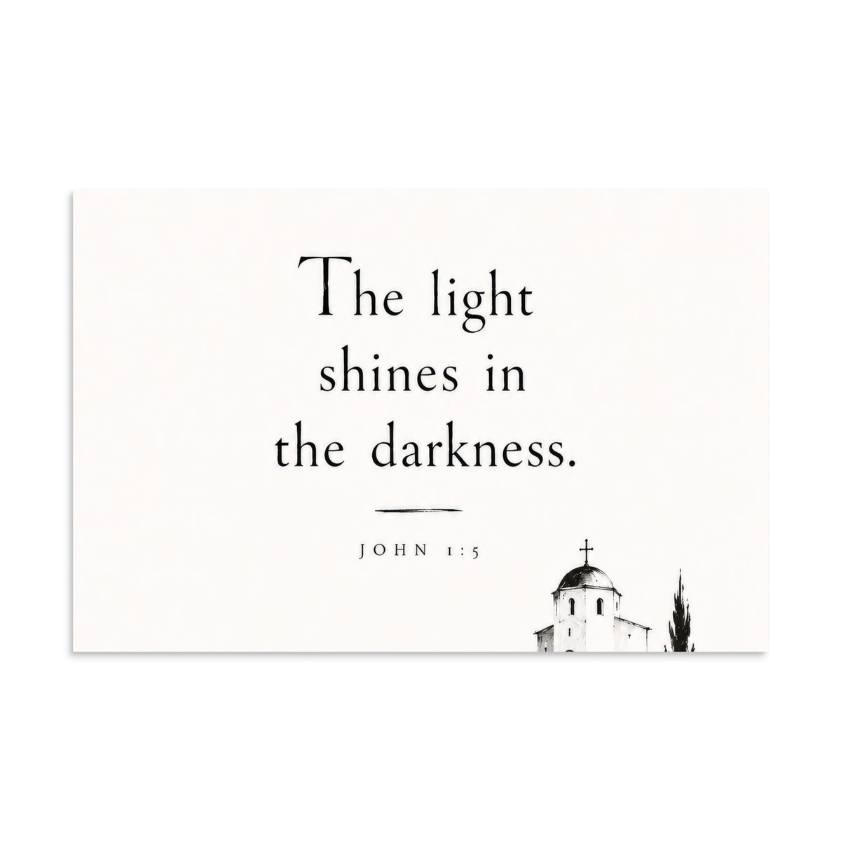 Scripture poster featuring John 1:5 and the theme of light overcoming darkness, 8″×12″ size.