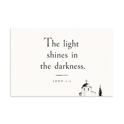 Scripture poster featuring John 1:5 and the theme of light overcoming darkness, 8″×12″ size.