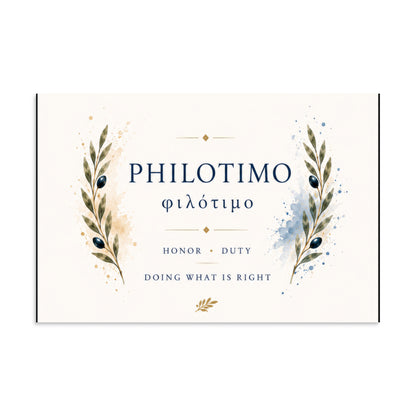 Poster featuring an artful design around the Greek concept of philotimo, 8″×12″ size.