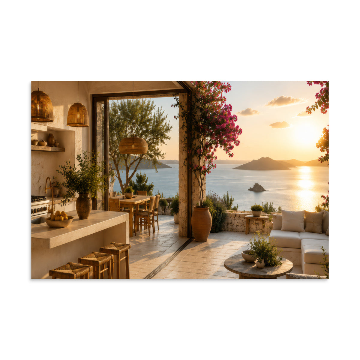 Illustrated poster of a Mediterranean kitchen inspired by the Ionian islands, 8″×12″ size.