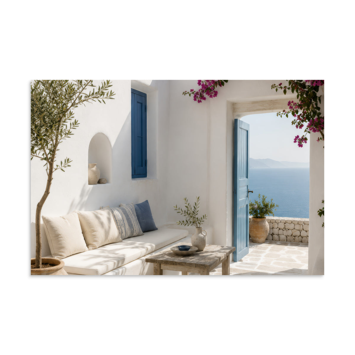 Illustrated Cycladic courtyard scene in white, blue, and stone tones, 8″×12″ size.