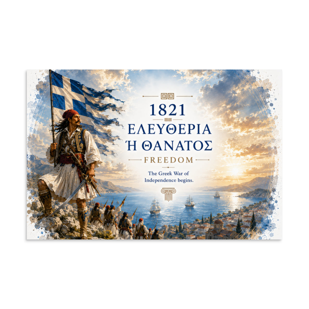 Poster honoring the 1821 Greek Revolution and the phrase Eleftheria i Thanatos, 8″×12″ size.