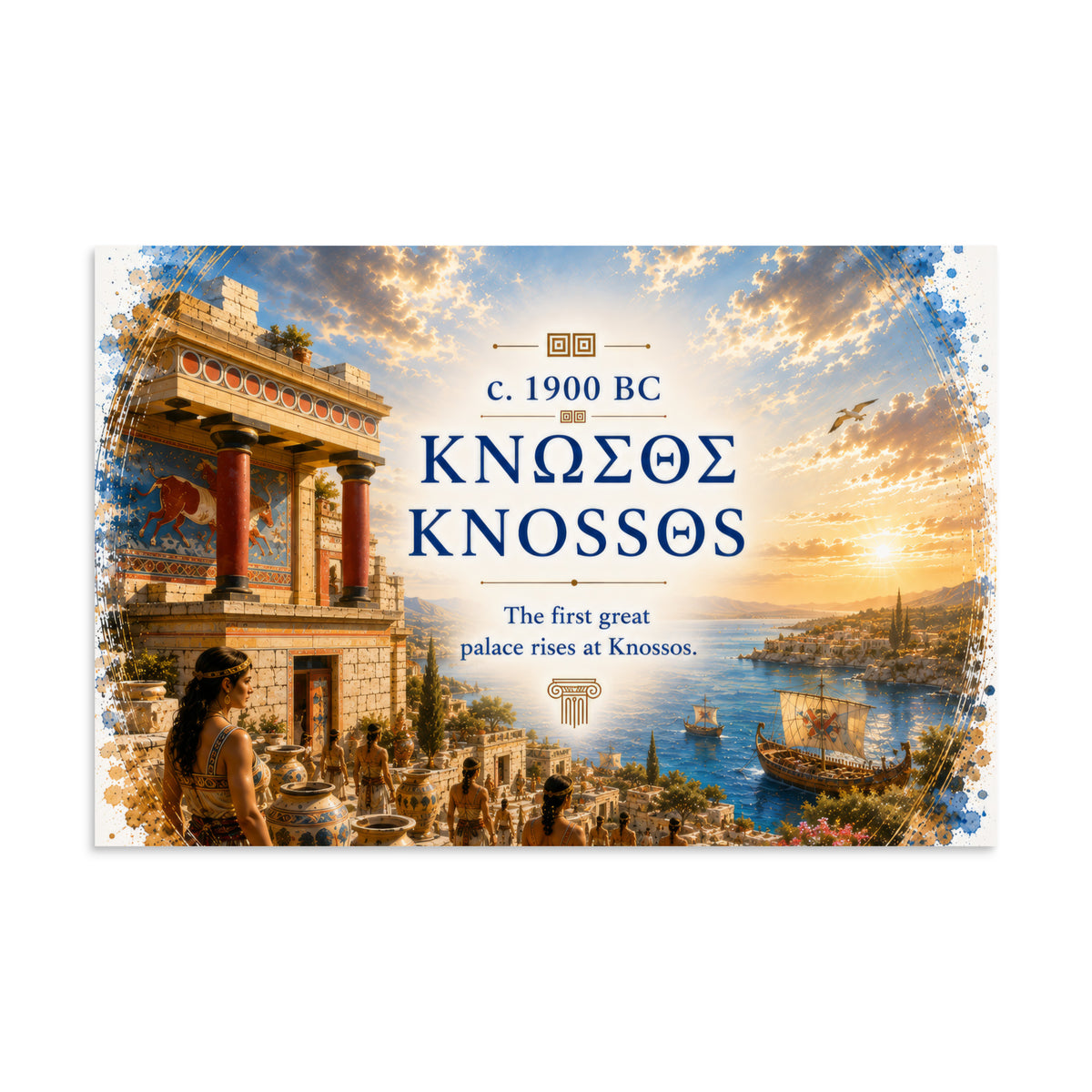Illustrated poster interpreting ancient Knossos and Bronze Age Crete, 8″×12″ size.