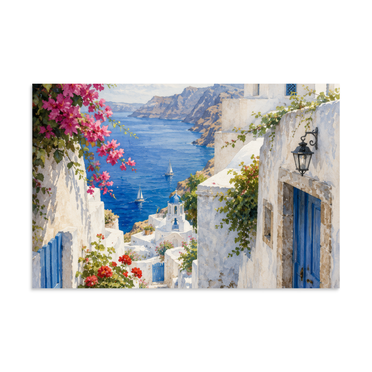 Illustrated poster of a Santorini courtyard scene, 8″×12″ size.