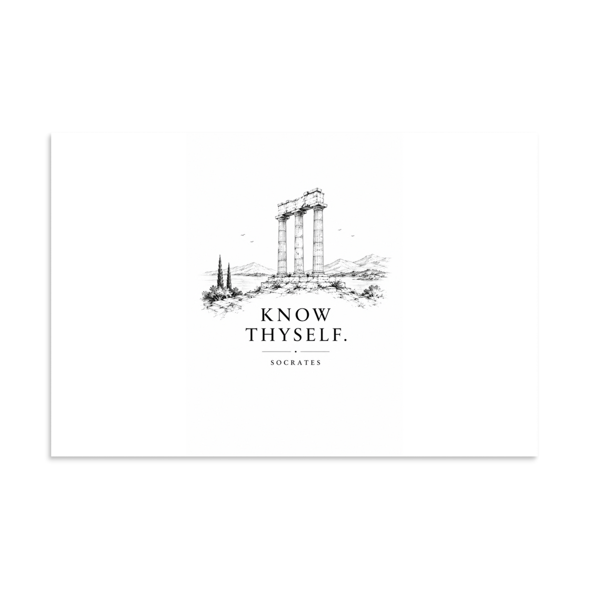 Poster featuring classical ruins and the Greek maxim “Know Thyself” in centered typography, 8″×12″ size.