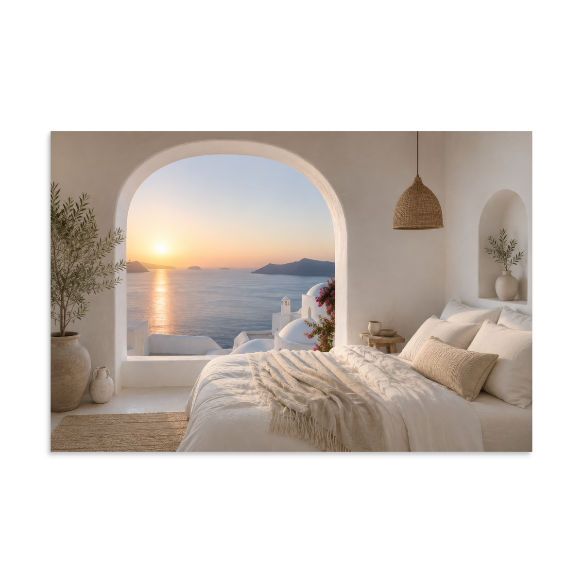 Illustrated Greek-island bedroom scene with whitewashed walls and sea-blue light, 8″×12″ size.