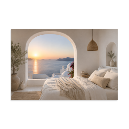 Illustrated Greek-island bedroom scene with whitewashed walls and sea-blue light, 8″×12″ size.