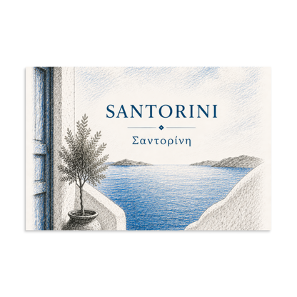 Hand-drawn sketch-style poster of Santorini's cliffside, whitewashed architecture, 8″×12″ size.