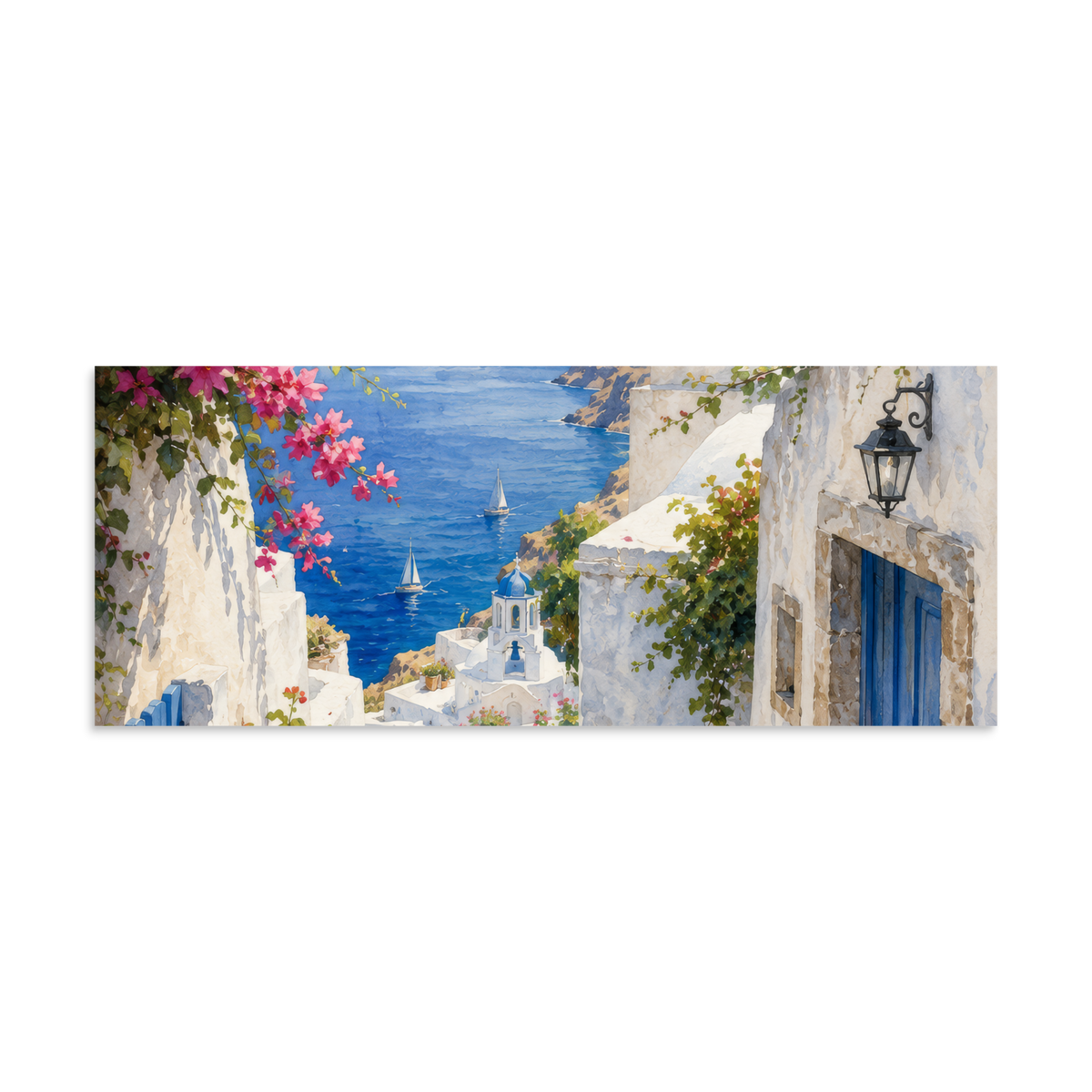Illustrated poster of a Santorini courtyard scene, 8″×20″ size.