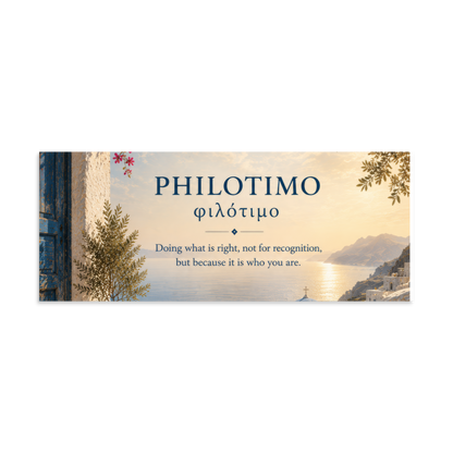 Poster featuring an artful design around the Greek concept of philotimo, 8″×20″ size.