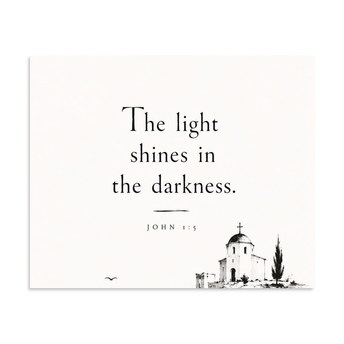 Scripture poster featuring John 1:5 and the theme of light overcoming darkness, 9″×11″ size.