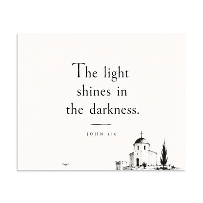 Scripture poster featuring John 1:5 and the theme of light overcoming darkness, 9″×11″ size.