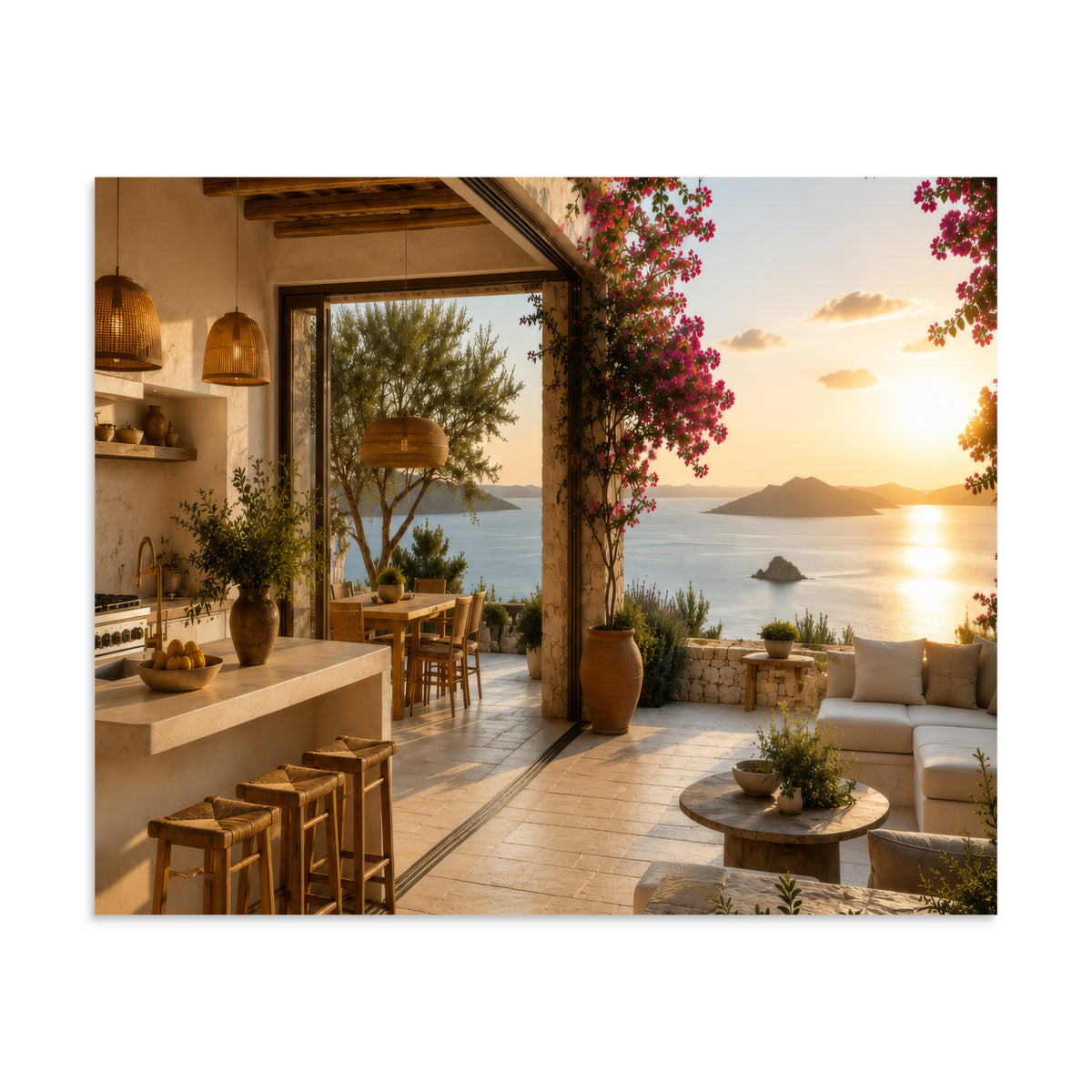 Illustrated poster of a Mediterranean kitchen inspired by the Ionian islands, 9″×11″ size.