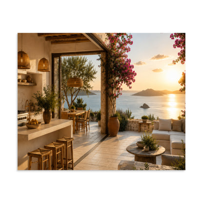 Illustrated poster of a Mediterranean kitchen inspired by the Ionian islands, 9″×11″ size.
