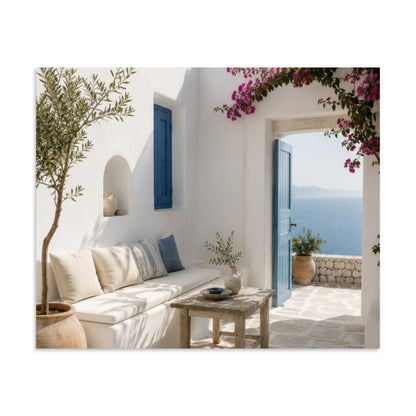 Illustrated Cycladic courtyard scene in white, blue, and stone tones, 9″×11″ size.