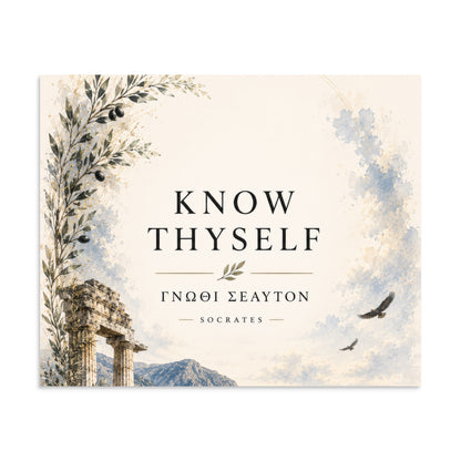 Poster featuring classical ruins and the Greek maxim “Know Thyself” in centered typography, 9″×11″ size.