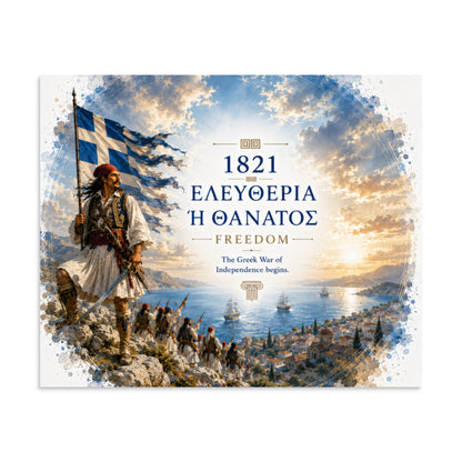 Poster honoring the 1821 Greek Revolution and the phrase Eleftheria i Thanatos, 9″×11″ size.