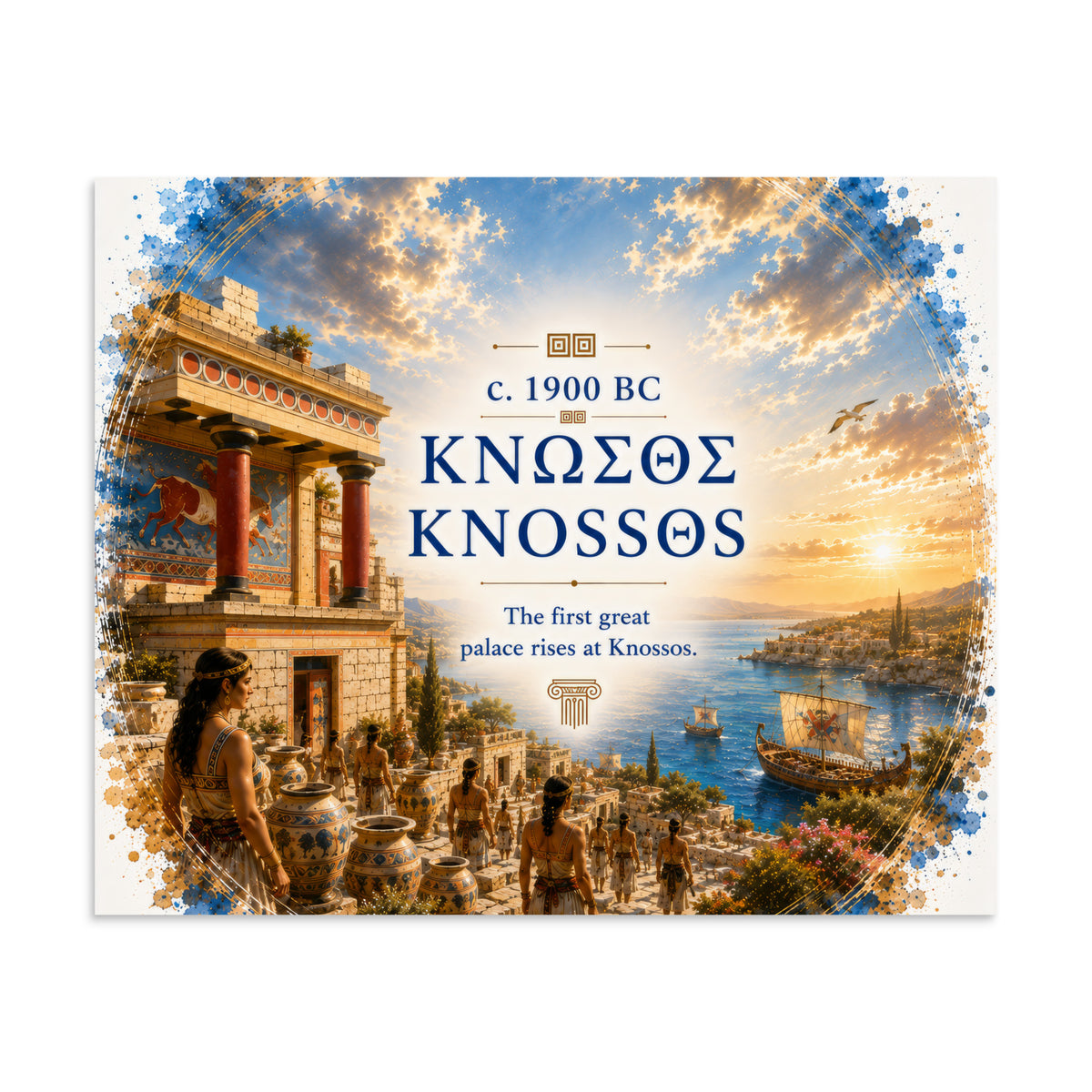 Illustrated poster interpreting ancient Knossos and Bronze Age Crete, 9″×11″ size.