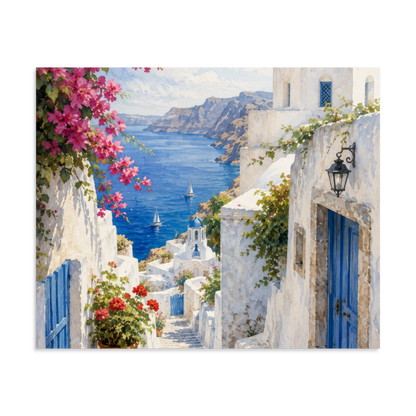 Illustrated poster of a Santorini courtyard scene, 9″×11″ size.