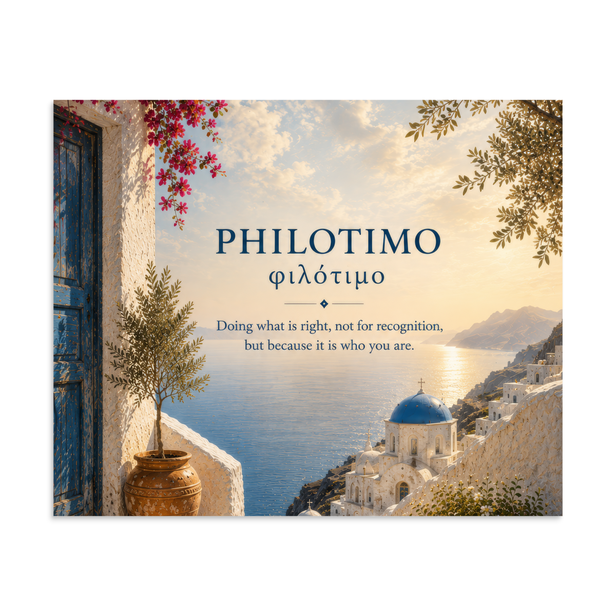 Poster featuring an artful design around the Greek concept of philotimo, 9″×11″ size.