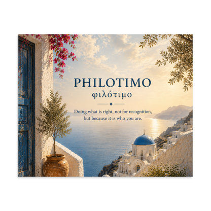 Poster featuring an artful design around the Greek concept of philotimo, 9″×11″ size.