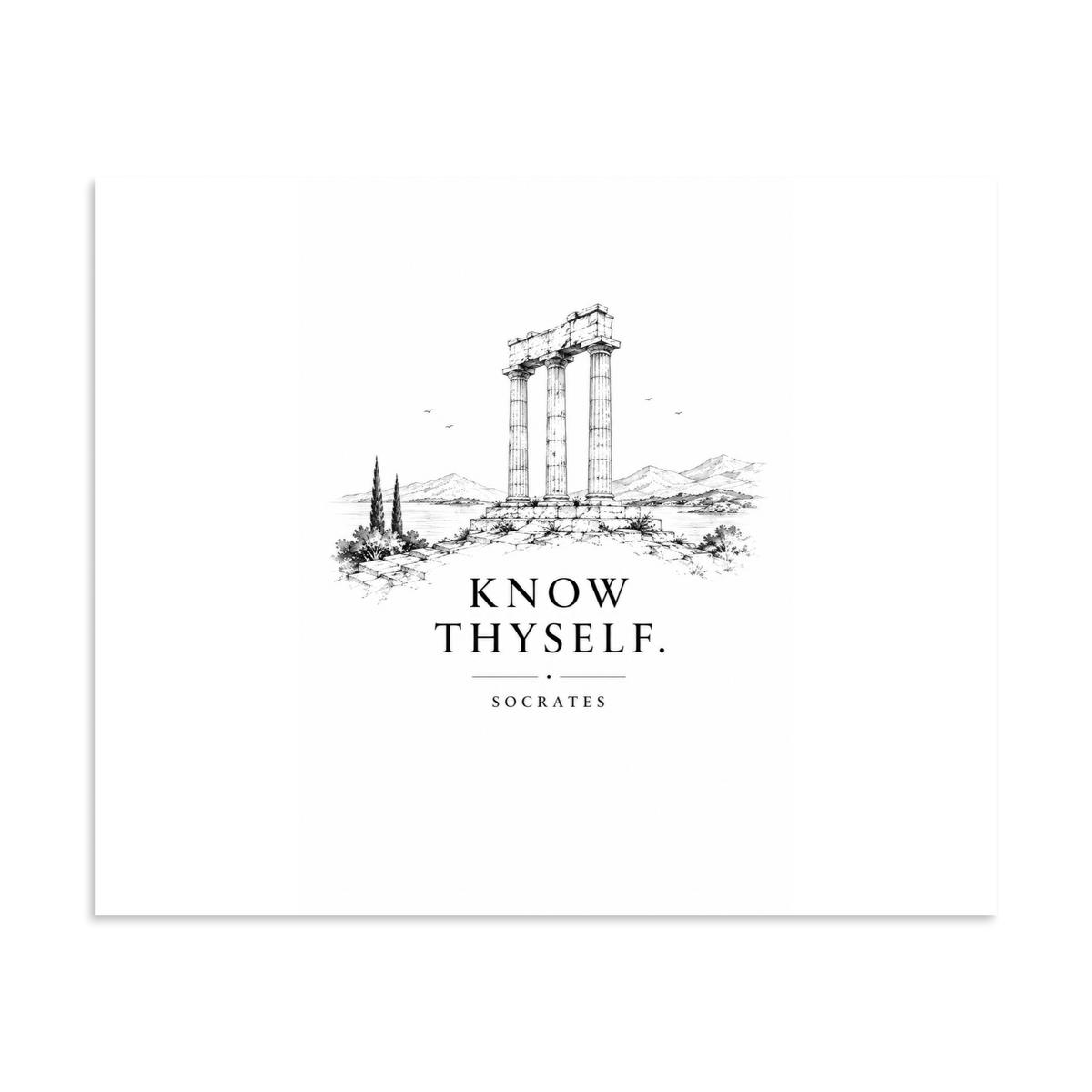 Poster featuring classical ruins and the Greek maxim “Know Thyself” in centered typography, 9″×11″ size.