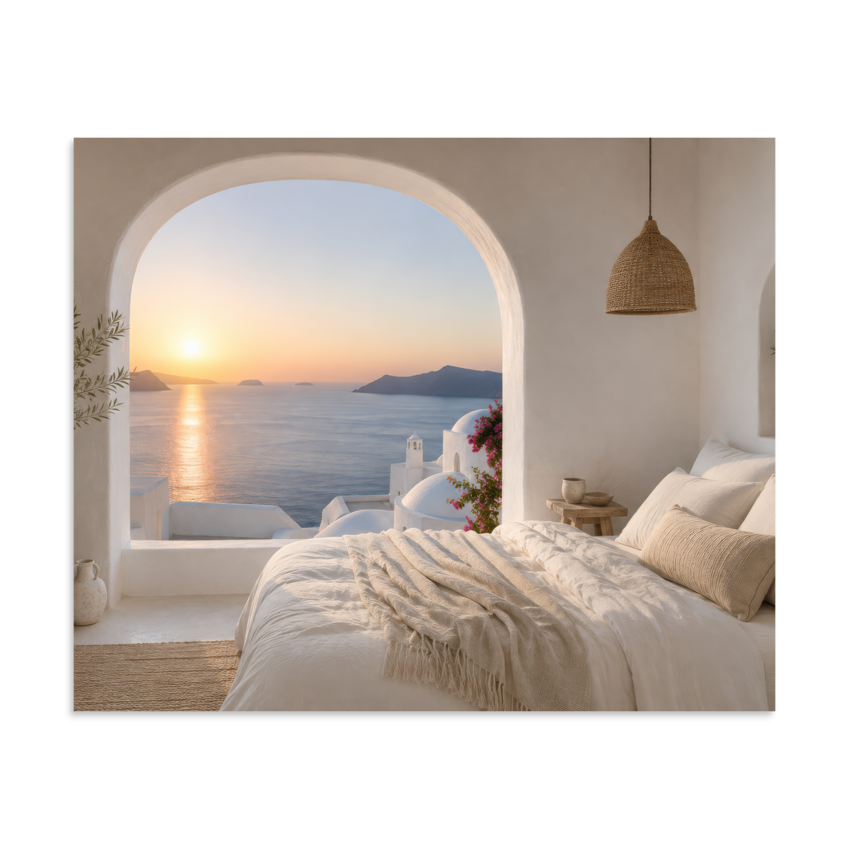 Illustrated Greek-island bedroom scene with whitewashed walls and sea-blue light, 9″×11″ size.