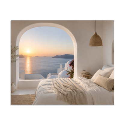 Illustrated Greek-island bedroom scene with whitewashed walls and sea-blue light, 9″×11″ size.