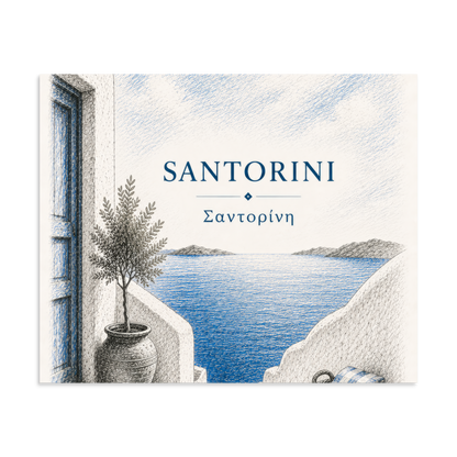 Hand-drawn sketch-style poster of Santorini's cliffside, whitewashed architecture, 9″×11″ size.