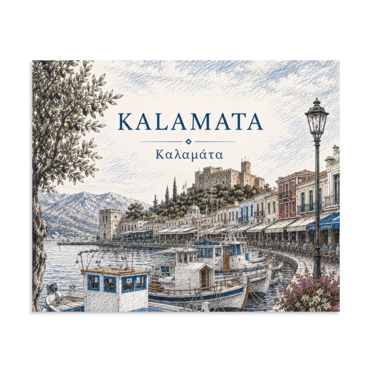 Illustrated Kalamata, Greece harbor scene with fishing boats, waterfront buildings, mountains, and an olive tree, titled “KALAMATA” and “Καλαμάτα”.