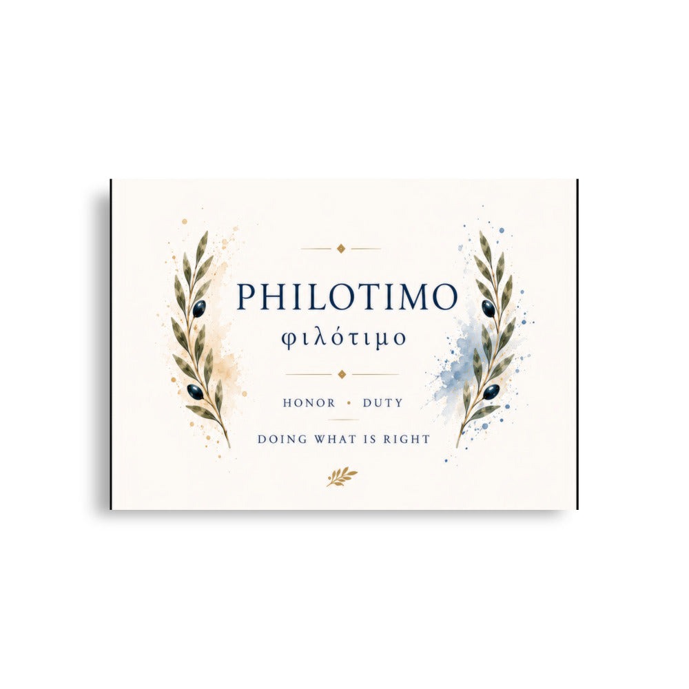 Poster featuring an artful design around the Greek concept of philotimo, A1 (23.3″×33.1″) size.