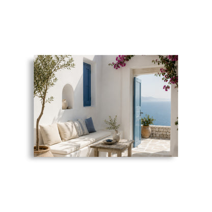 Illustrated Cycladic courtyard scene in white, blue, and stone tones, A1 (23.3″×33.1″) size.